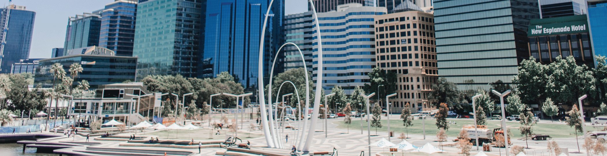Elizabeth Quay in Perth, with the Spanda sculpture in front of the city's office towers